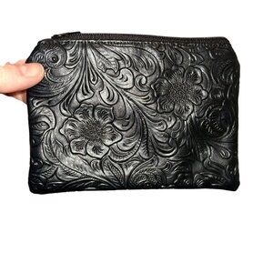 black tooled leather look zipper pouch travel cosmetics bag FESTIVAL